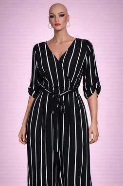 Iris Black & White Striped Wrap Jumpsuit | Belted | 3/4 Sleeve | NWOT
